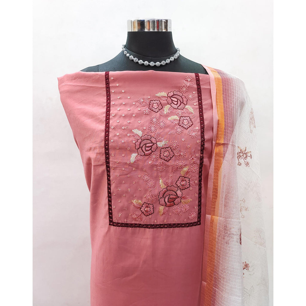 Peach Viscose Dress Material With Stunning Floral Sequin Embroidery