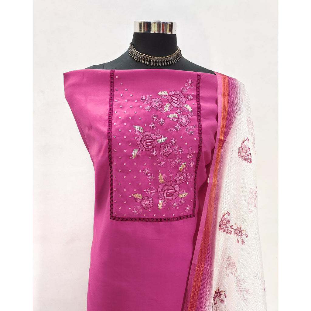Pink Viscose Dress Material With Stunning Floral Sequin Embroidery