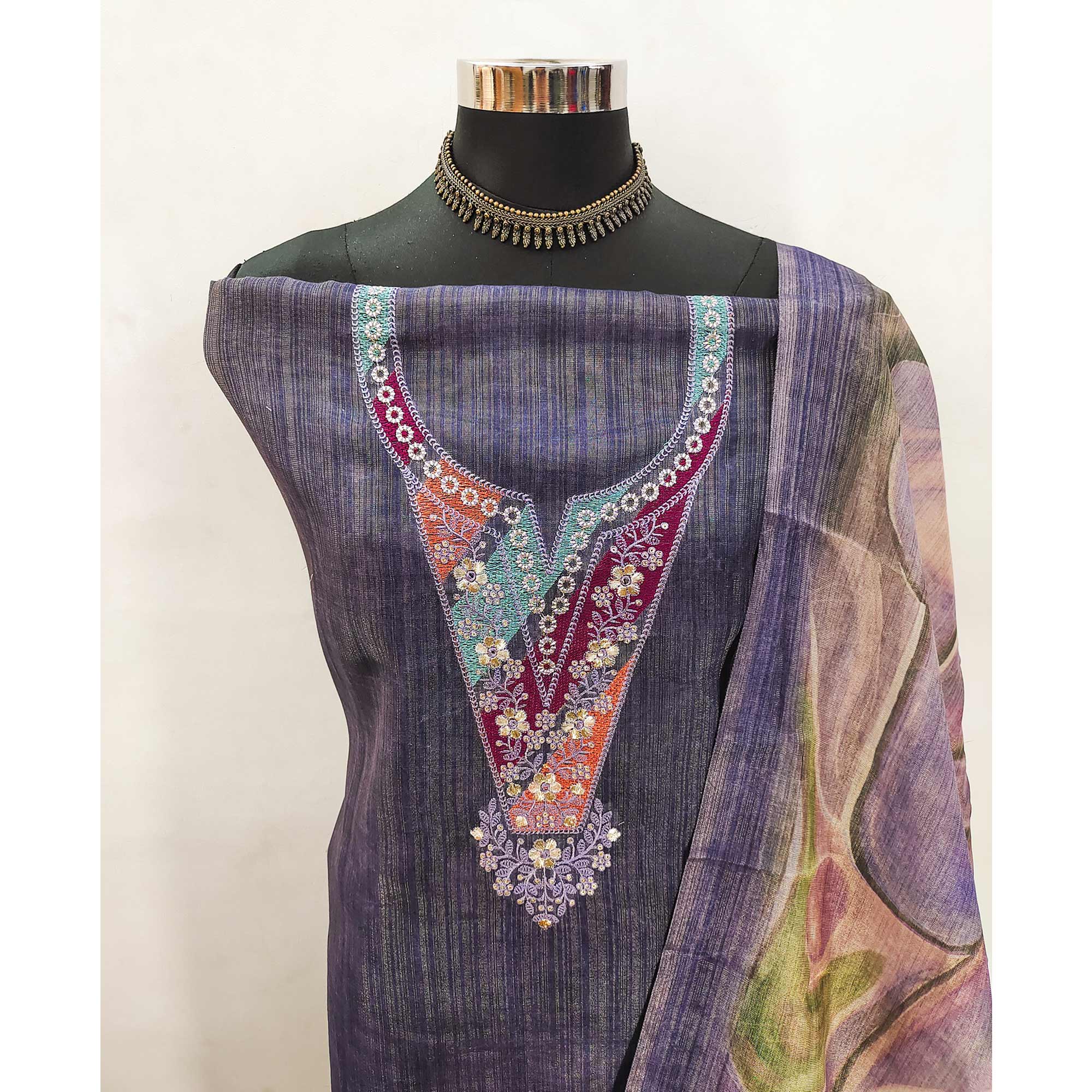 Blue Art Silk Dress Material With Neck Embroidery