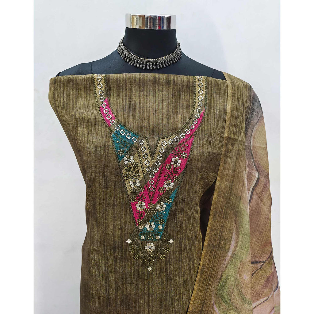 Green Art Silk Dress Material With Neck Embroidery