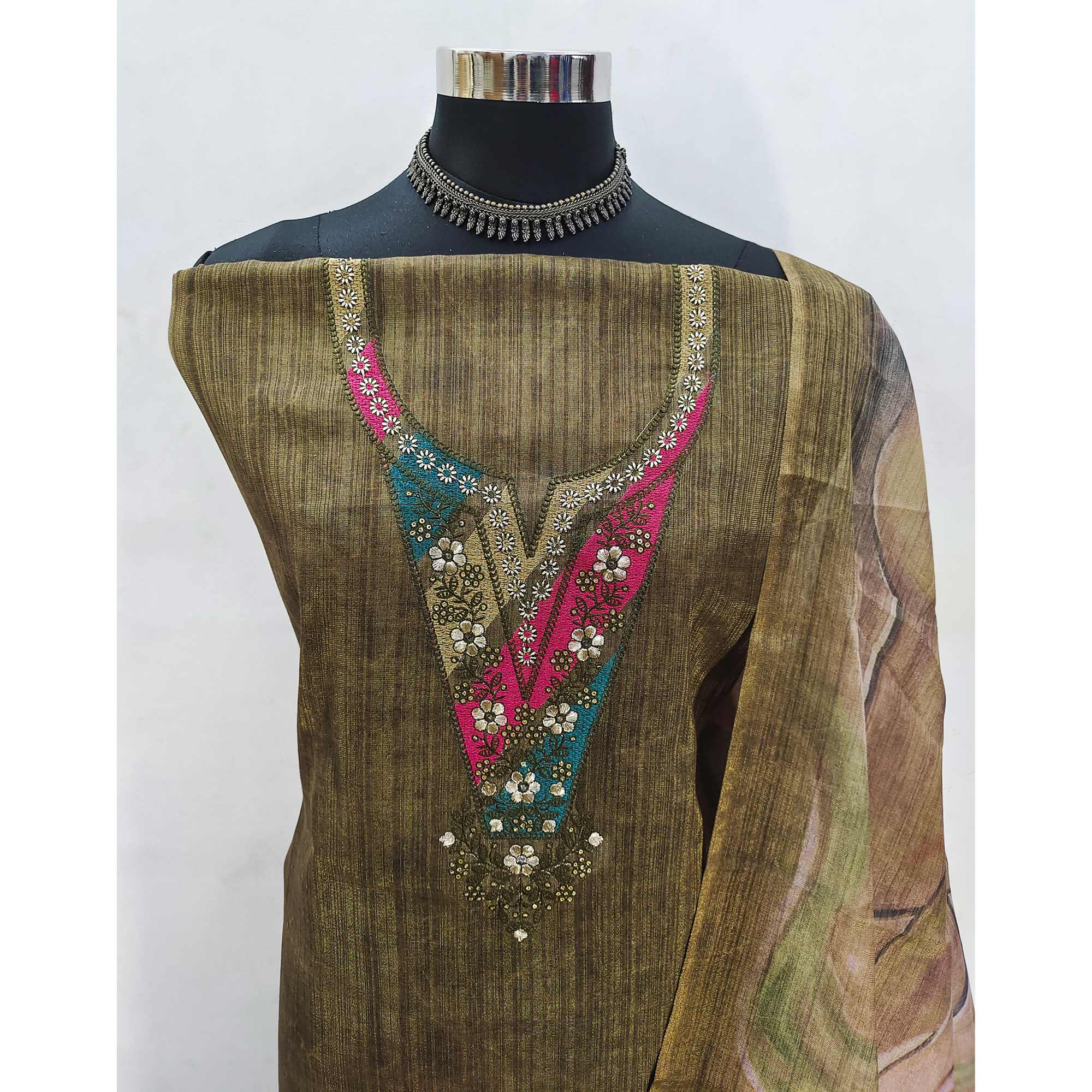 Green Art Silk Dress Material With Neck Embroidery