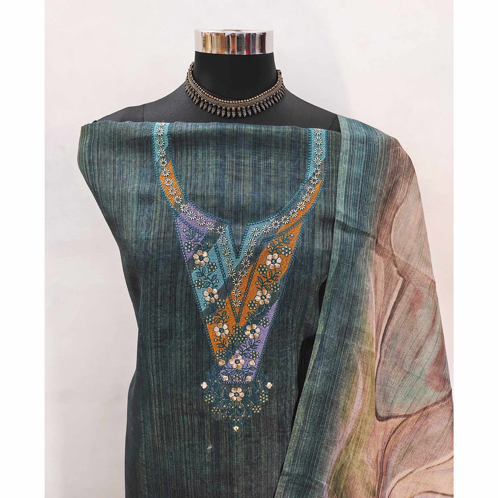 Grey Art Silk Dress Material With Neck Embroidery