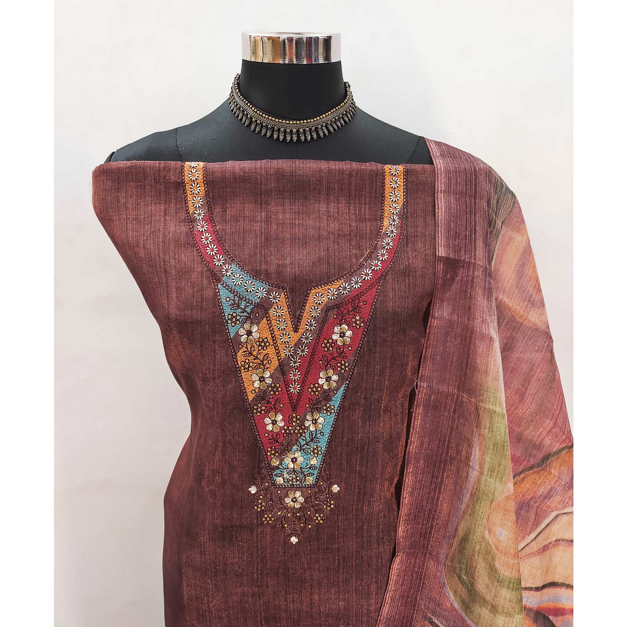 Mauve Art Silk Dress Material with Neck Embroidery