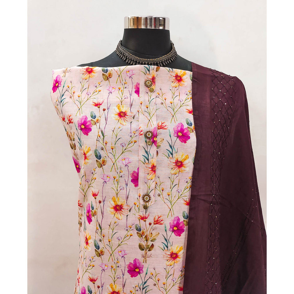 Brownish Maroon Linen Fabric with Serene Floral Patterns for Casual Looks