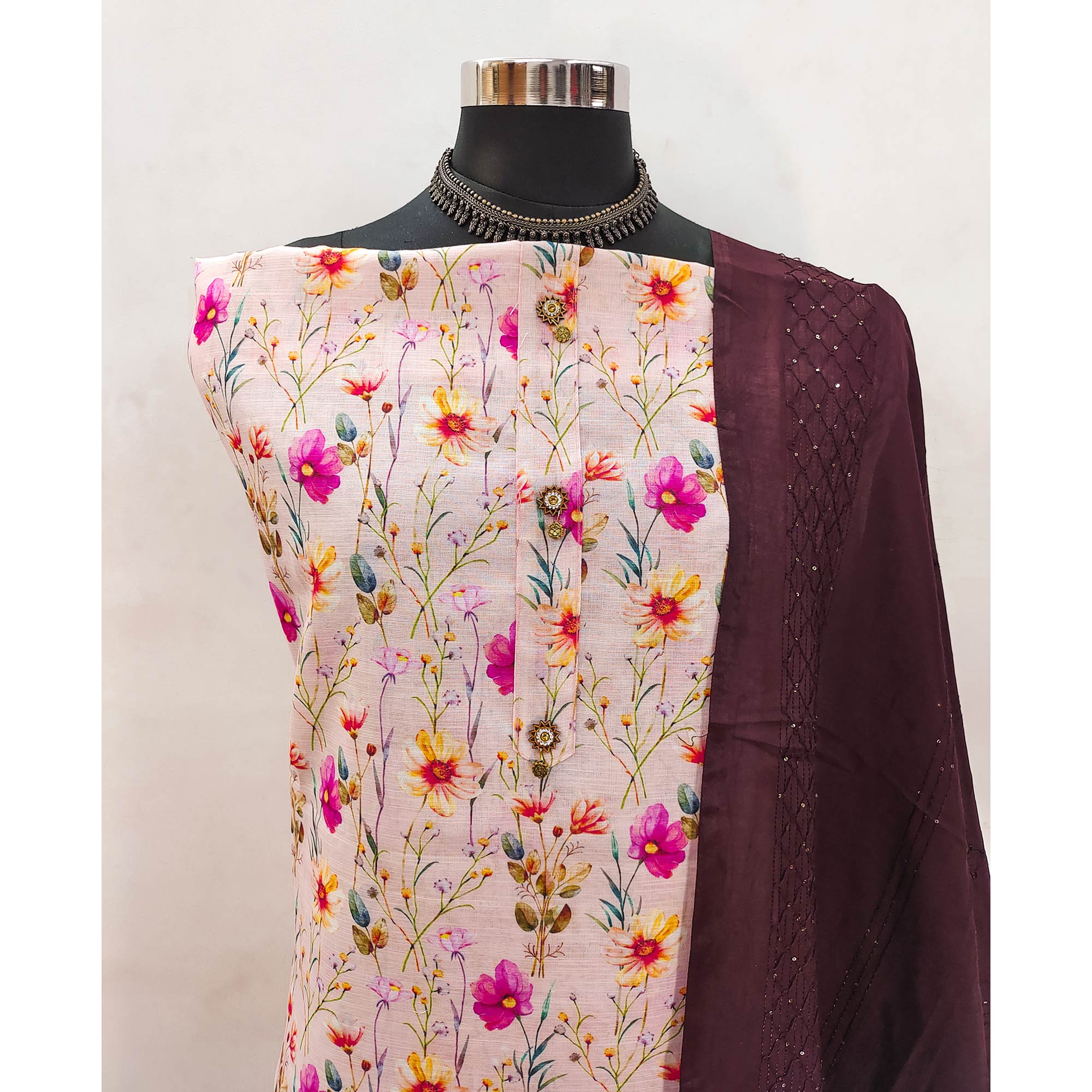 Brownish Maroon Linen Fabric with Serene Floral Patterns for Casual Looks