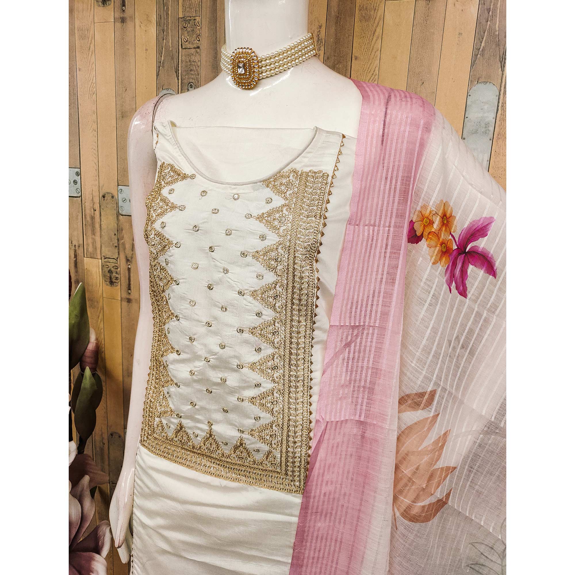 Off White Golden Thread Embroidered Viscose Dress Material