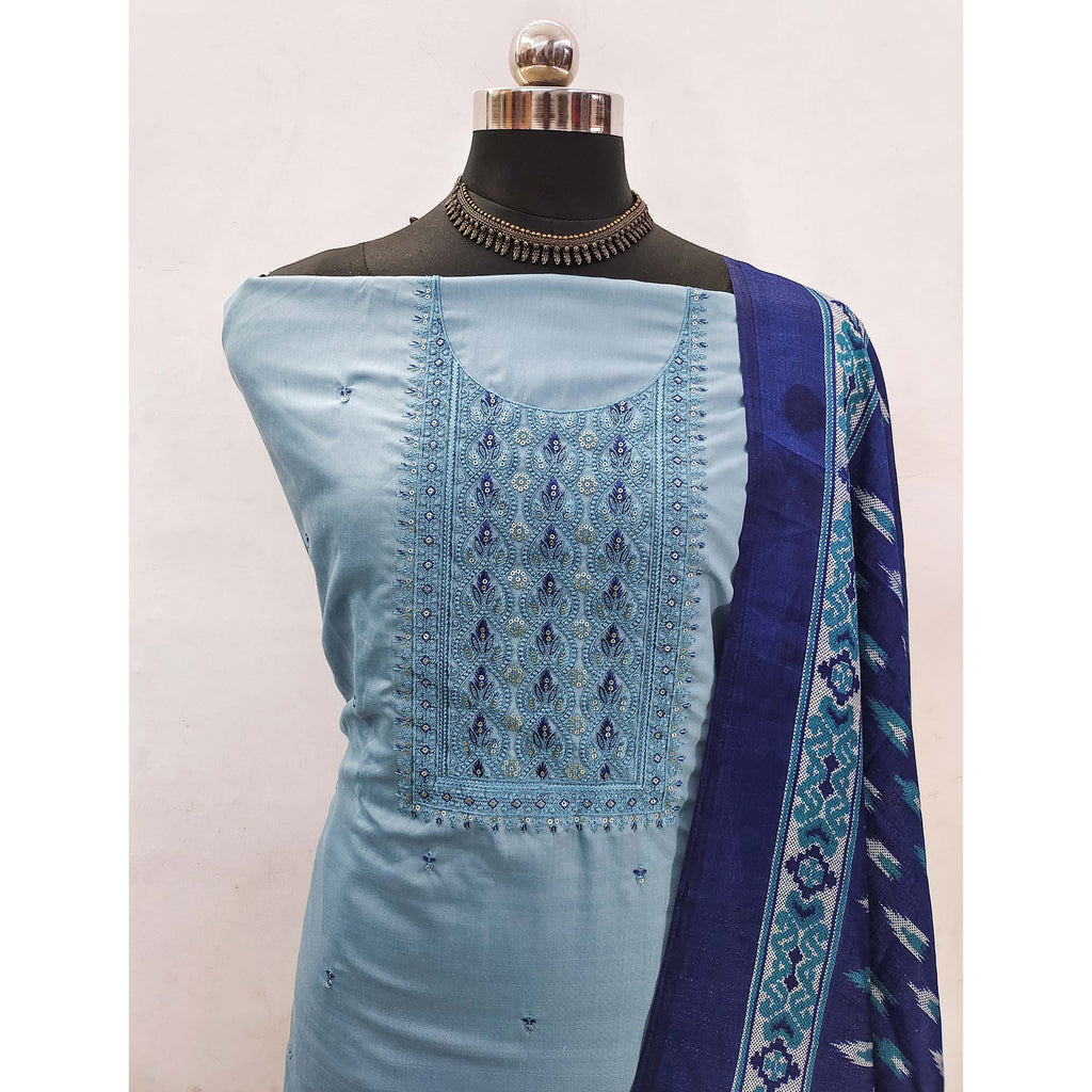 Charming Blue Floral Design With Sequin Work Dress Material In Chanderi Silk