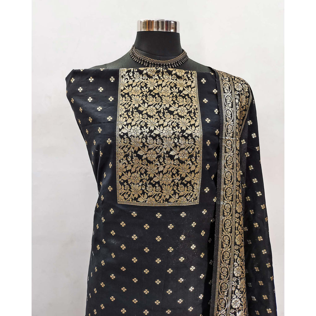 Classic Black Floral Zari Weaving Dress Material In Banarasi Silk