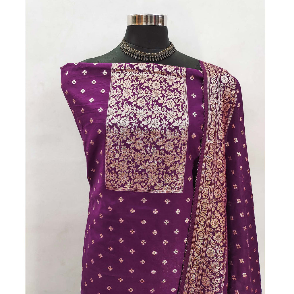 Opulent Wine Floral Zari Weaving Work Dress Material In Banarasi Silk