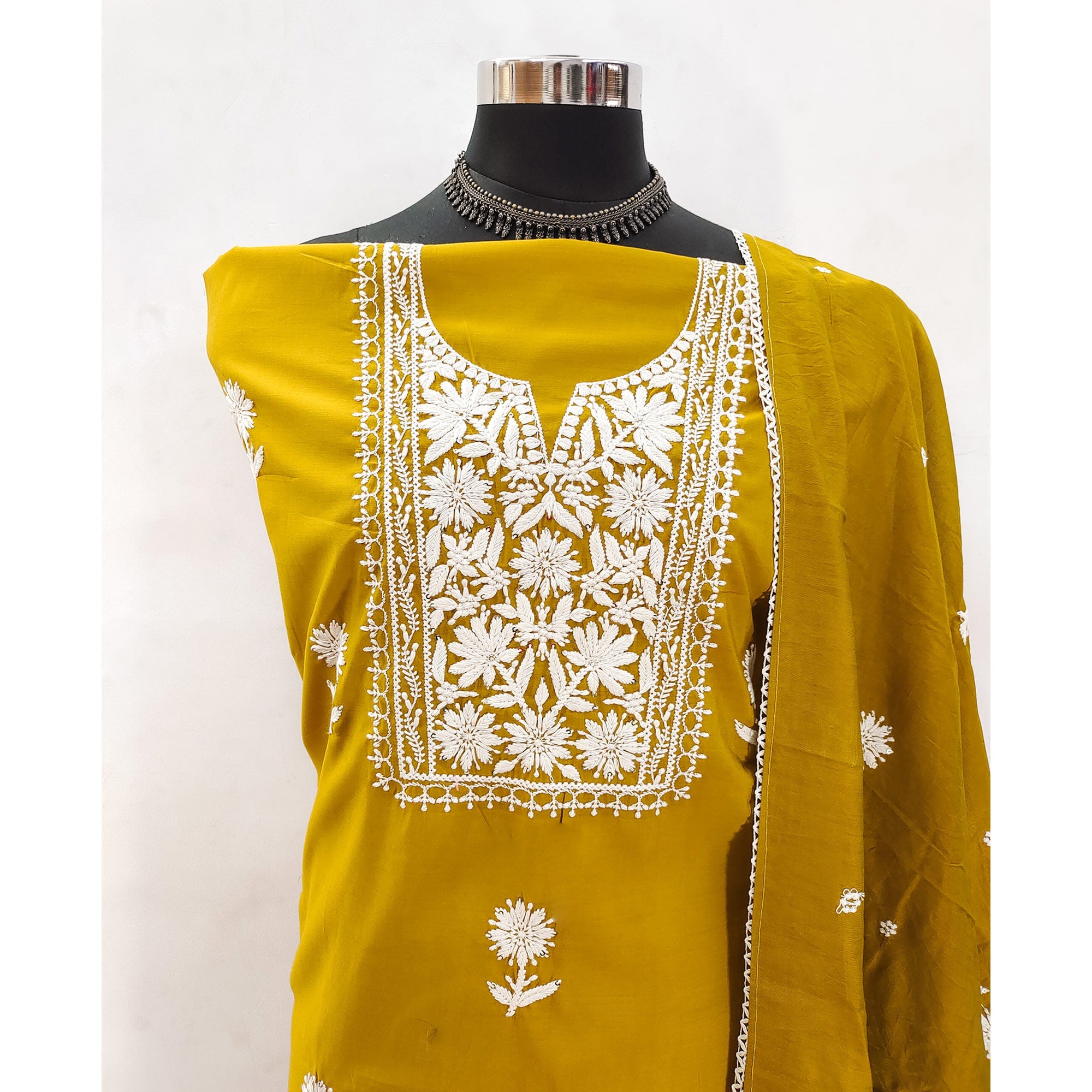 Mustard Blossom Embroidered Viscose Fabric for Effortless Style