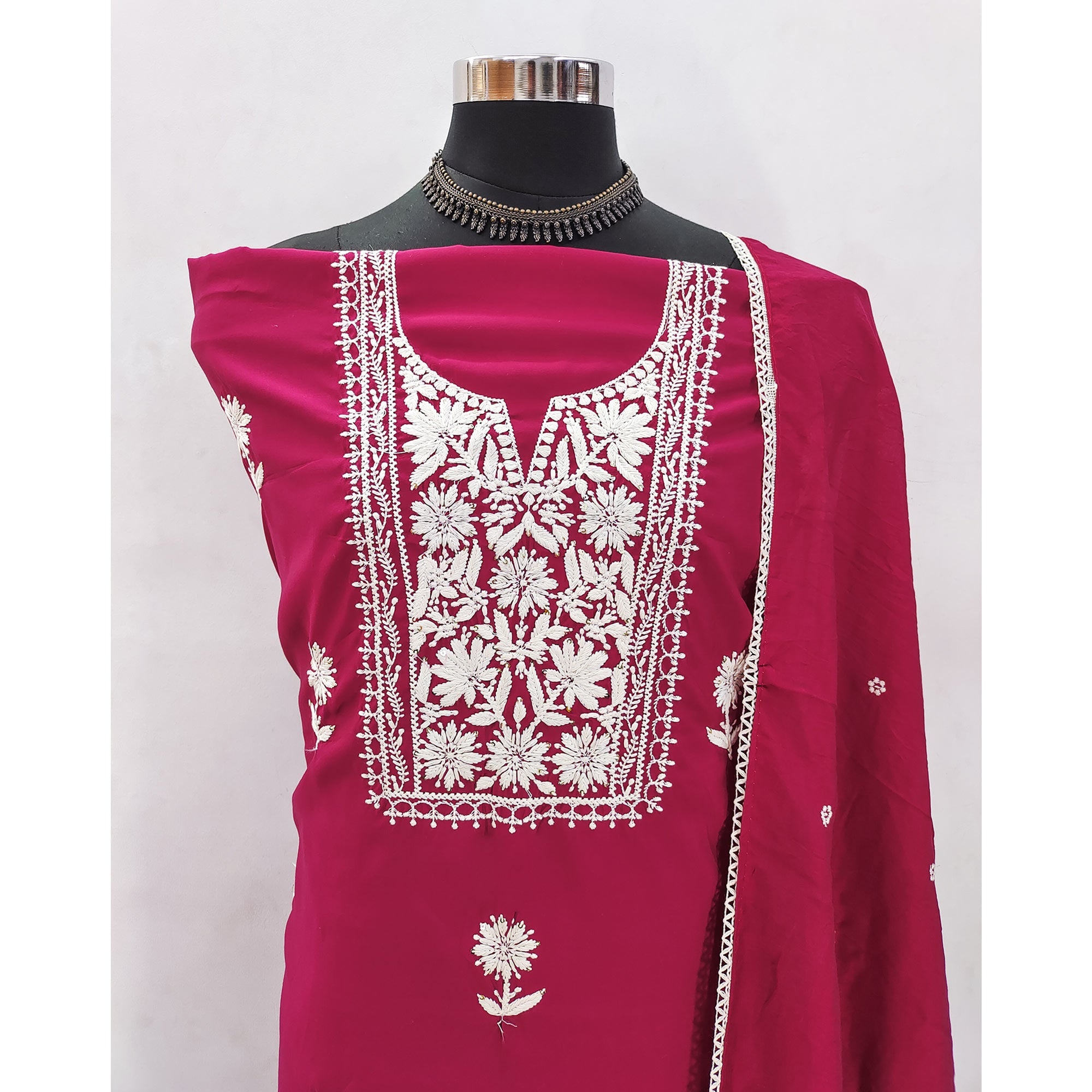 Pink Blossom Embroidered Viscose Fabric for Effortless Style