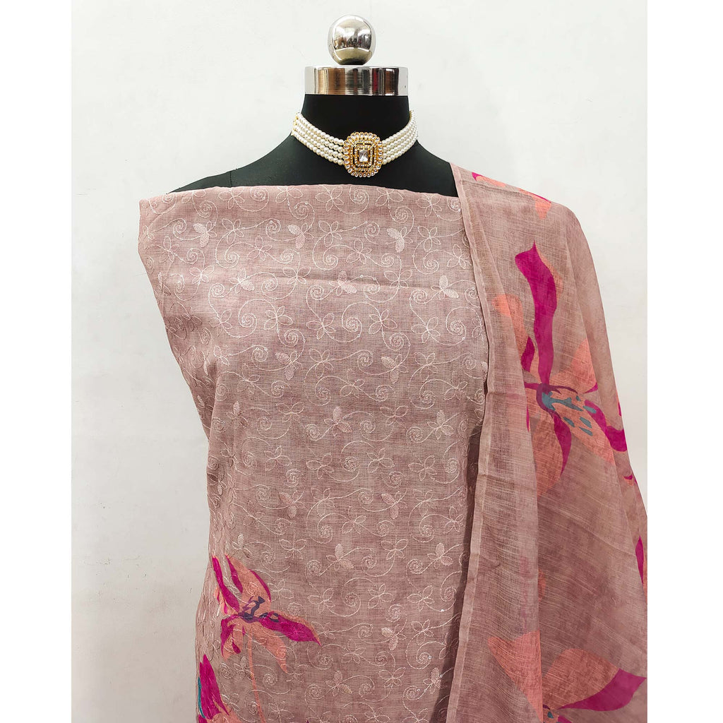 Brown Linen Dress Material Adorned with Artistic Floral Print and Elegant Thread Embroidery