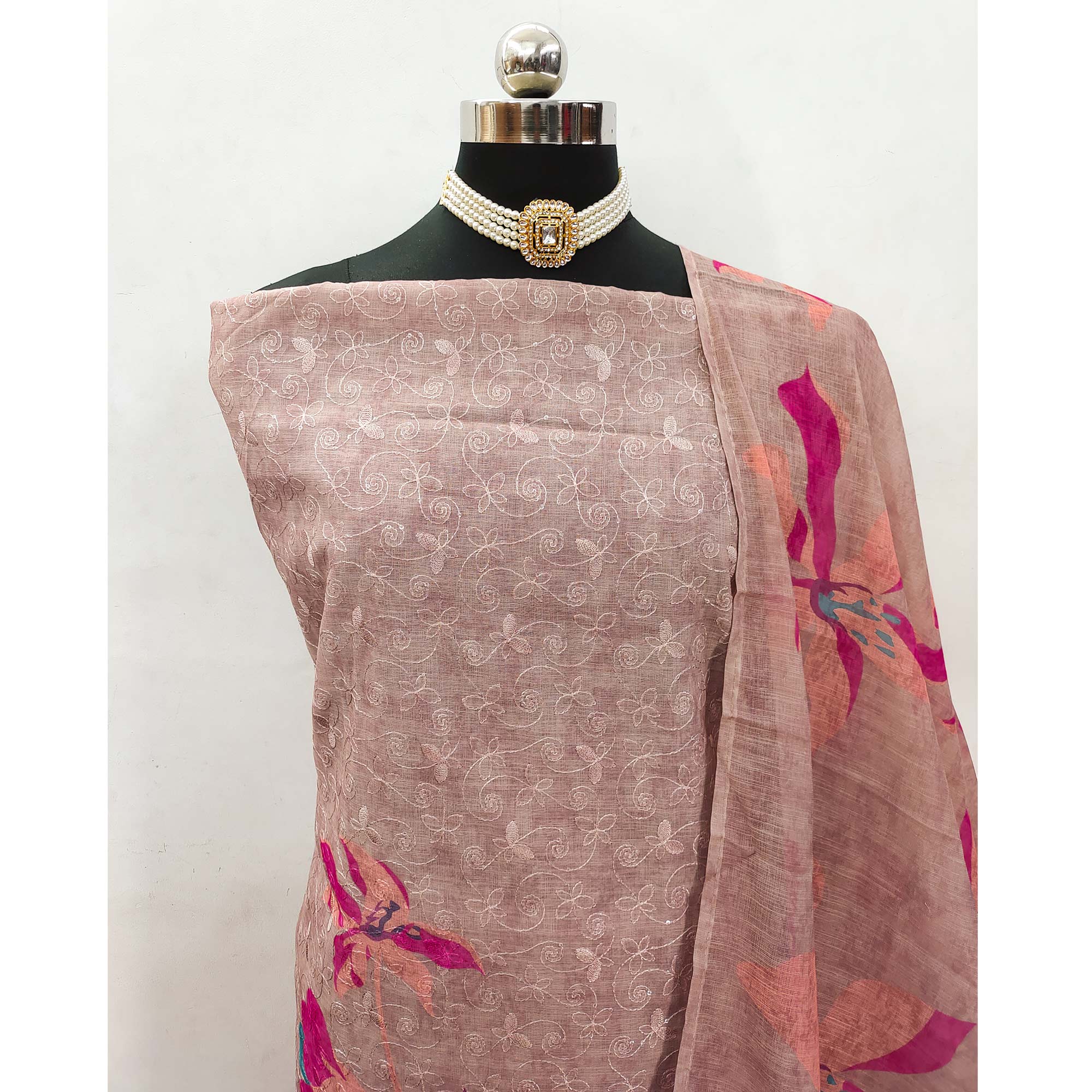 Brown Linen Dress Material Adorned with Artistic Floral Print and Elegant Thread Embroidery