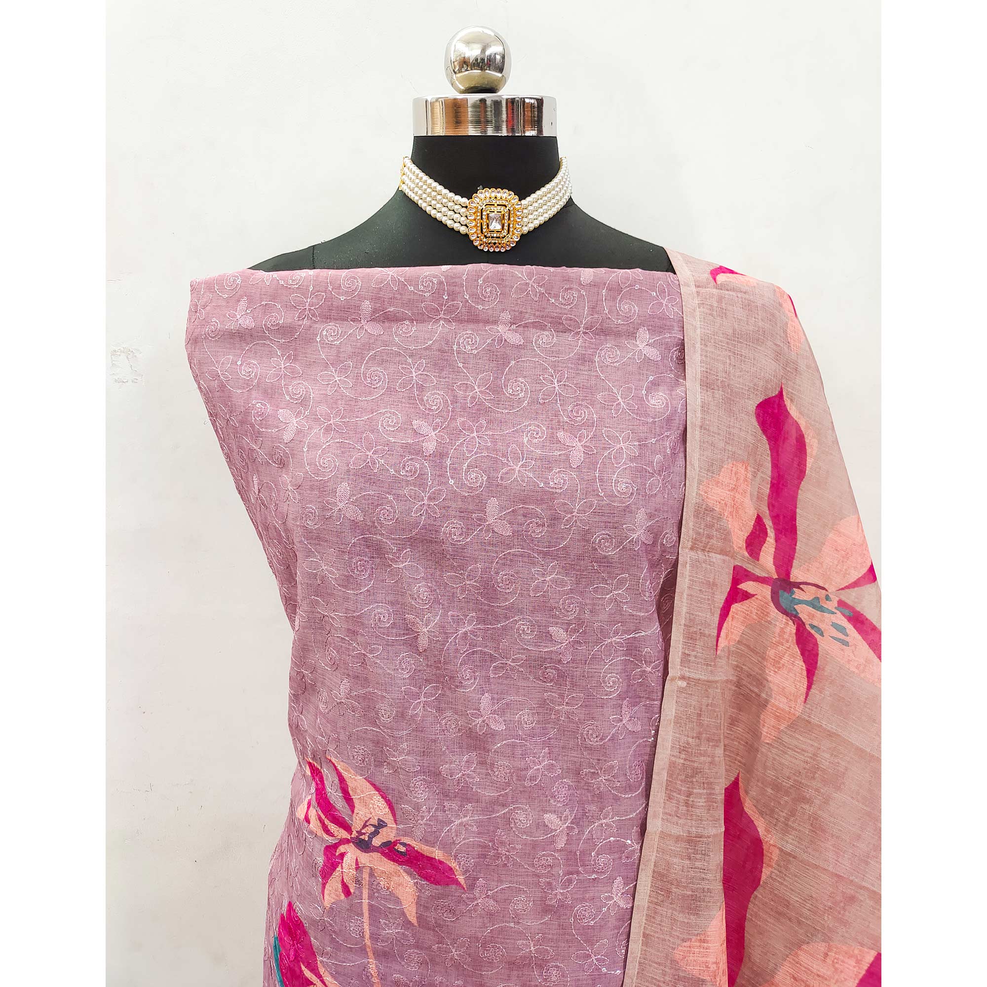 Mauve Linen Dress Material Adorned with Artistic Floral Print and Elegant Thread Embroidery