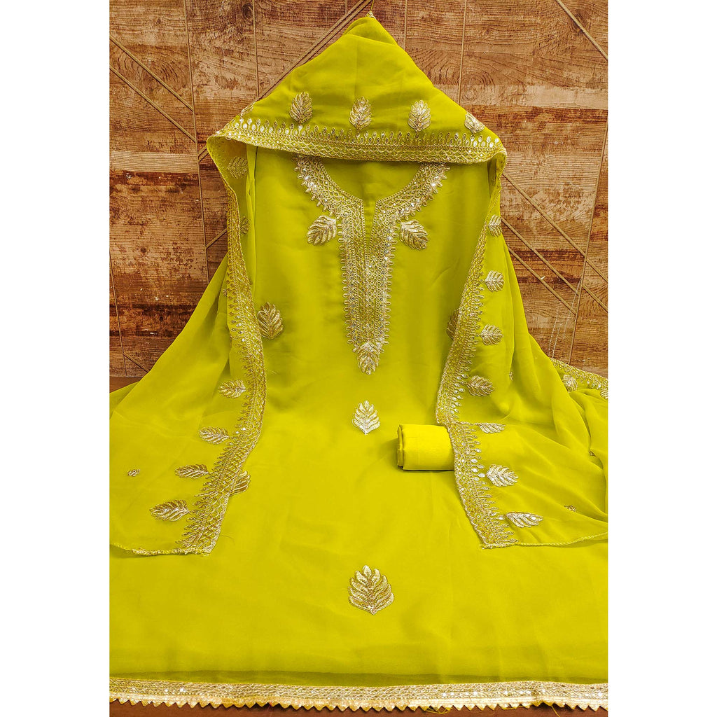 Lemon Green Ethnic Dress Material in Georgette with Embroidery