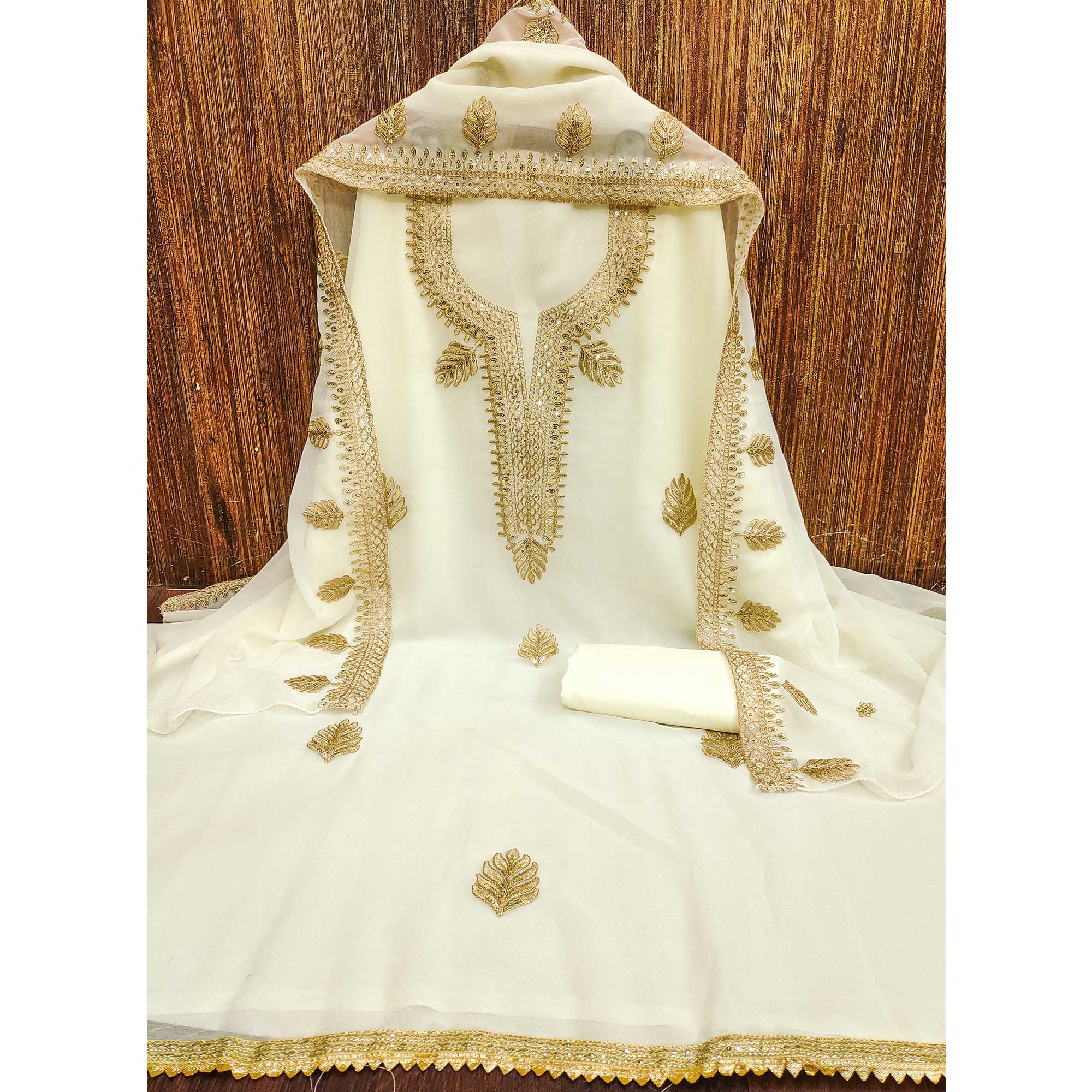 Off White Ethnic Dress Material in Georgette with Embroidery