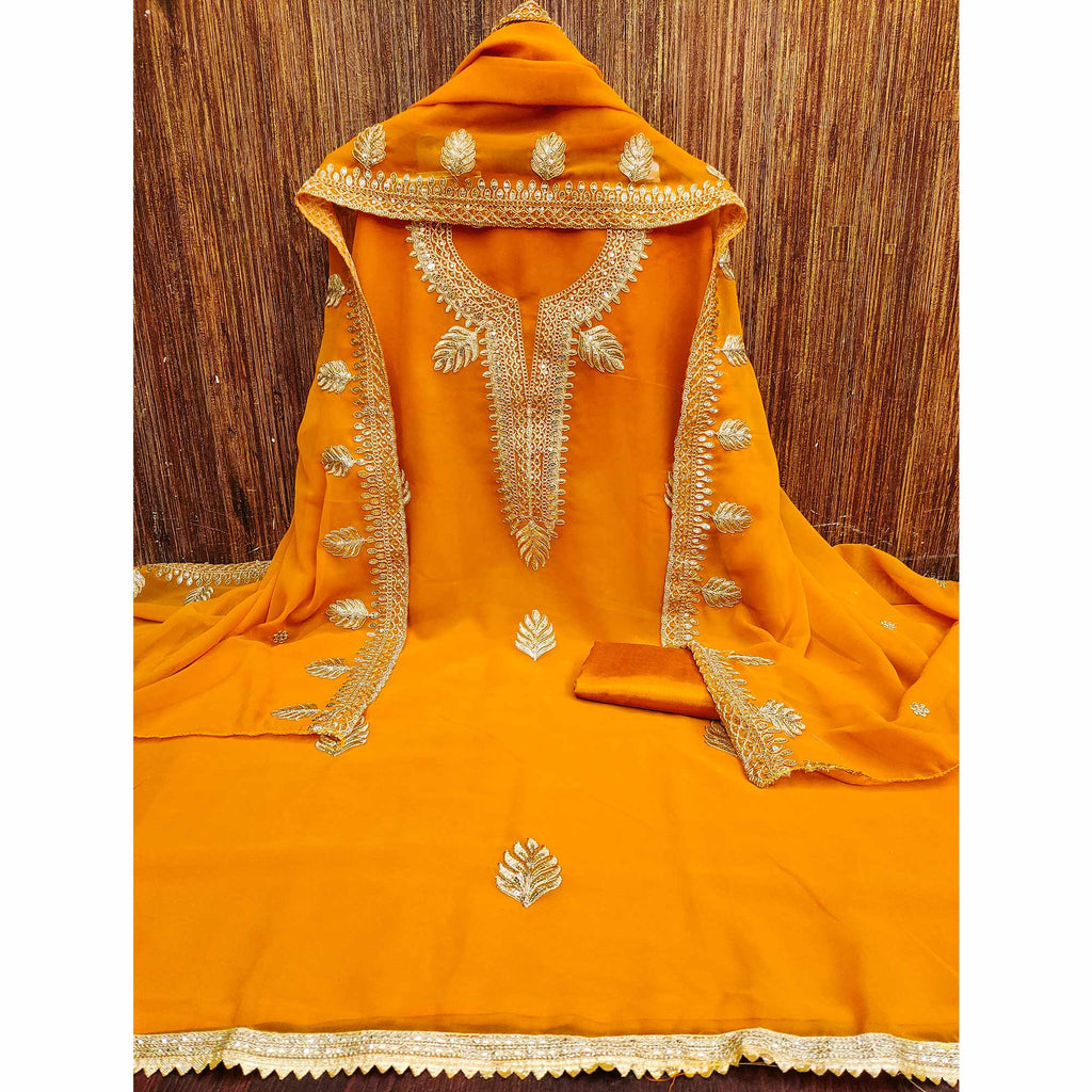 Orange Ethnic Dress Material in Georgette with Embroidery
