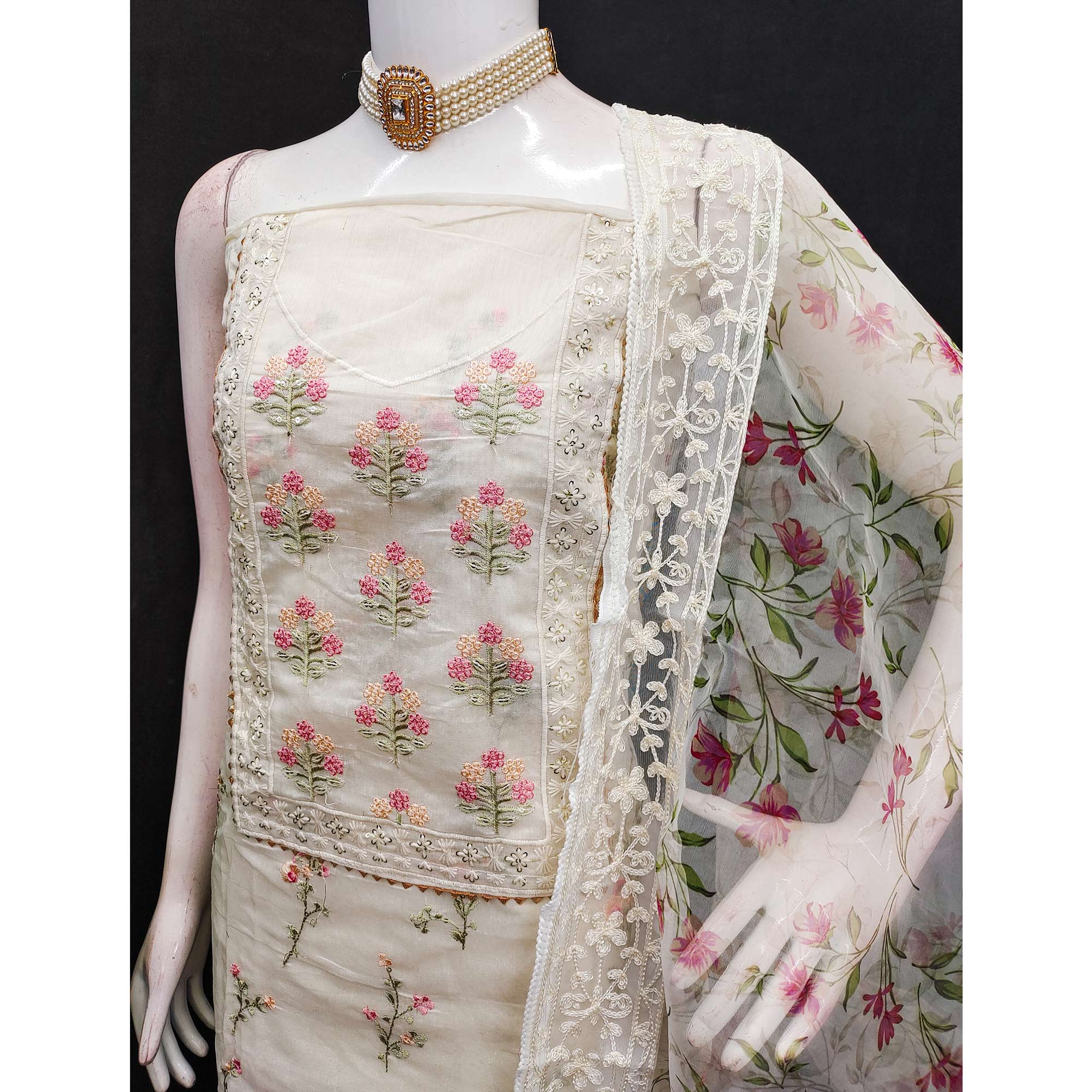 Off white Floral Heavy Embroidered Chanderi Silk Dress Material