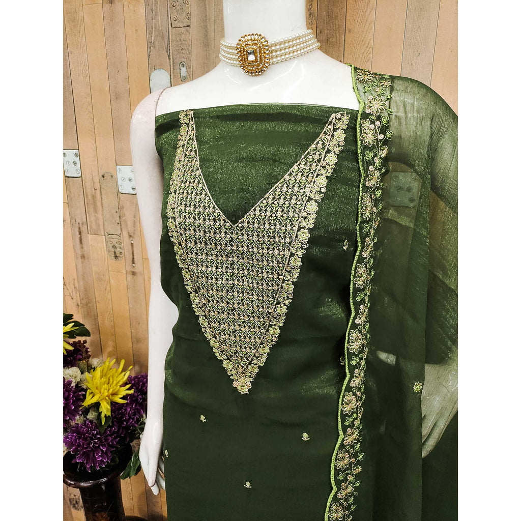 Green Party Wear Shimmer Dress Material with Floral Embellishment
