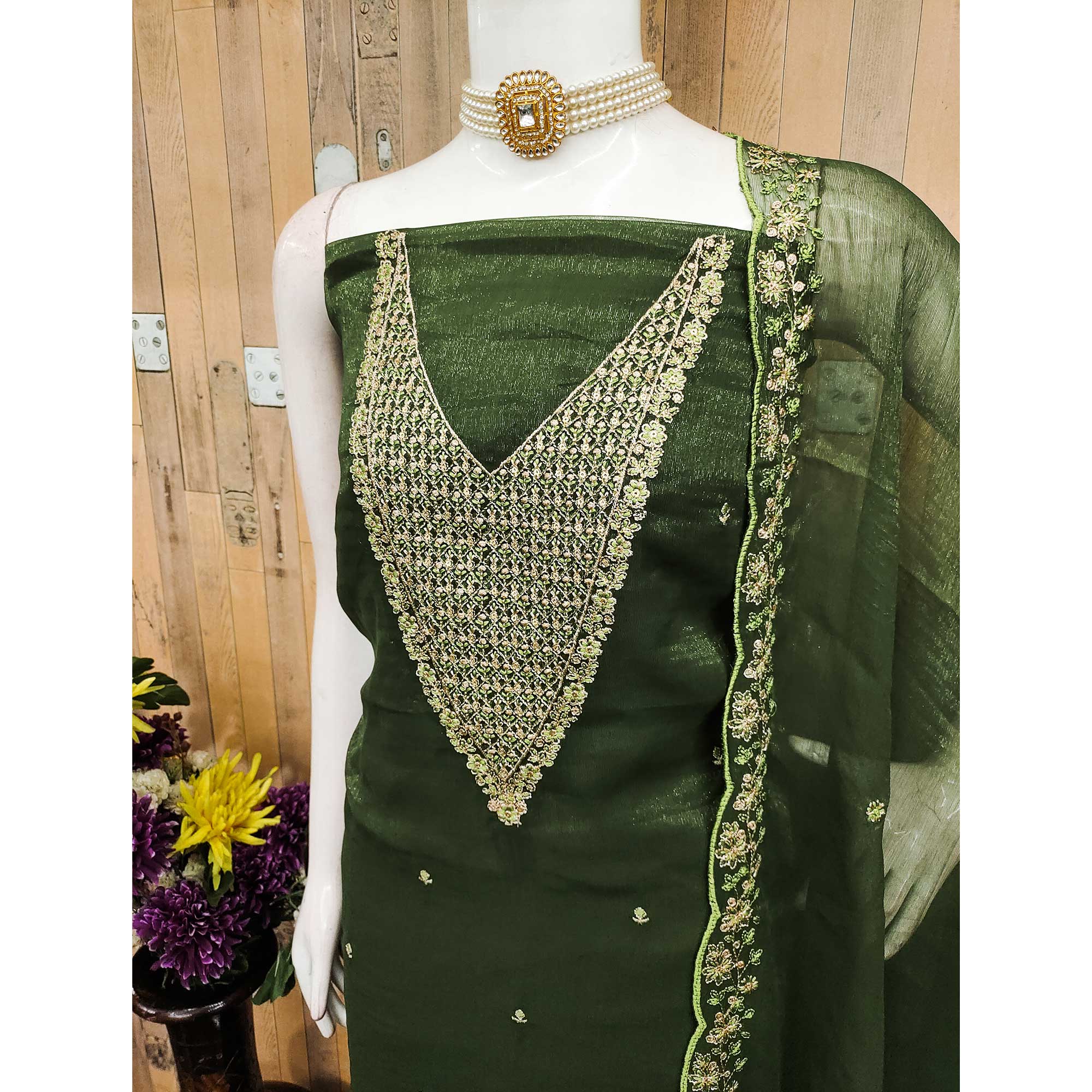 Green Party Wear Shimmer Dress Material with Floral Embellishment
