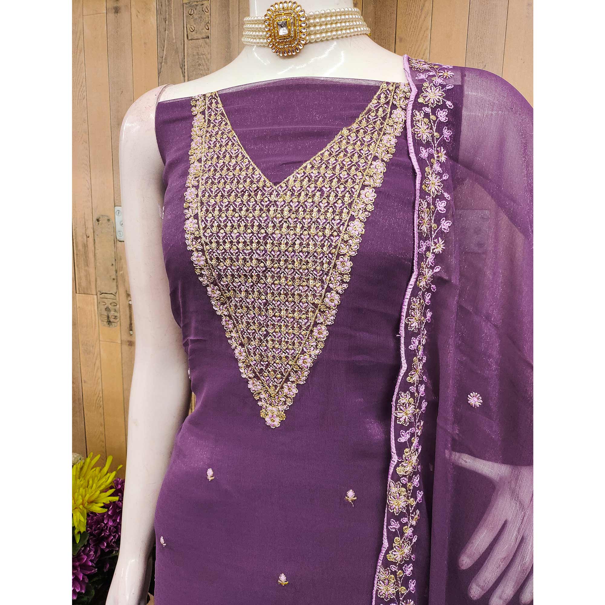 Lavender Party Wear Shimmer Dress Material with Floral Embellishment