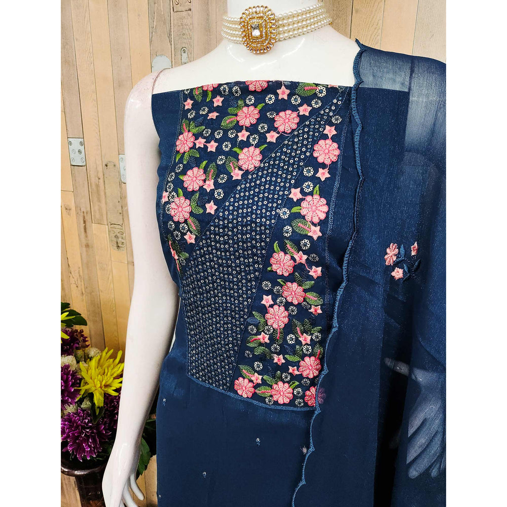 Blue Unstitched Shimmer Dress Material with Stylish Floral Embellishment