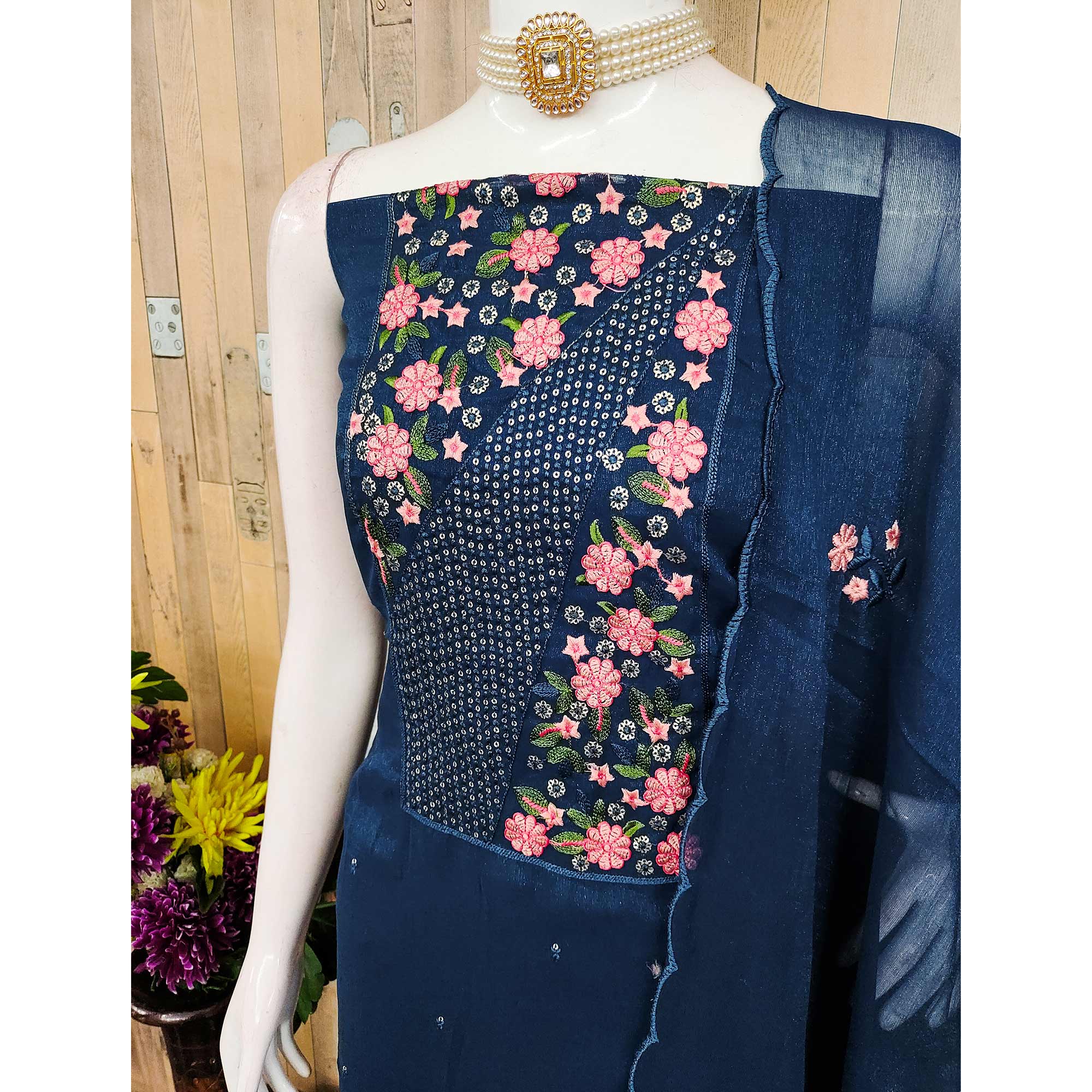 Blue Unstitched Shimmer Dress Material with Stylish Floral Embellishment