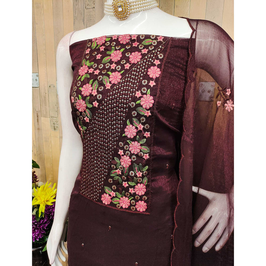 Coffee Brown Unstitched Shimmer Dress Material with Stylish Floral Embellishment