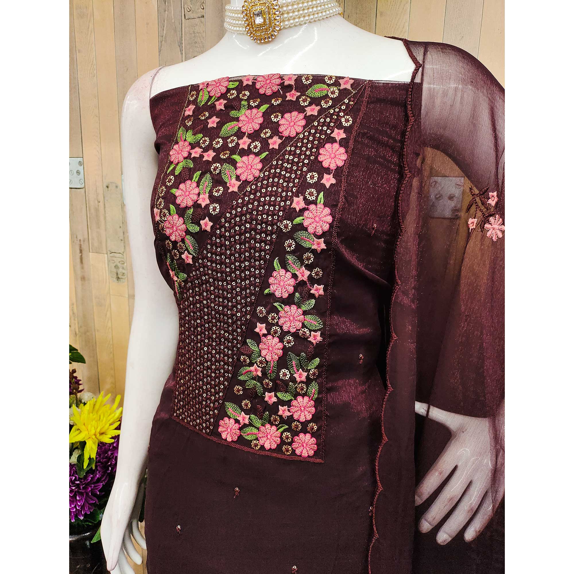 Coffee Brown Unstitched Shimmer Dress Material with Stylish Floral Embellishment