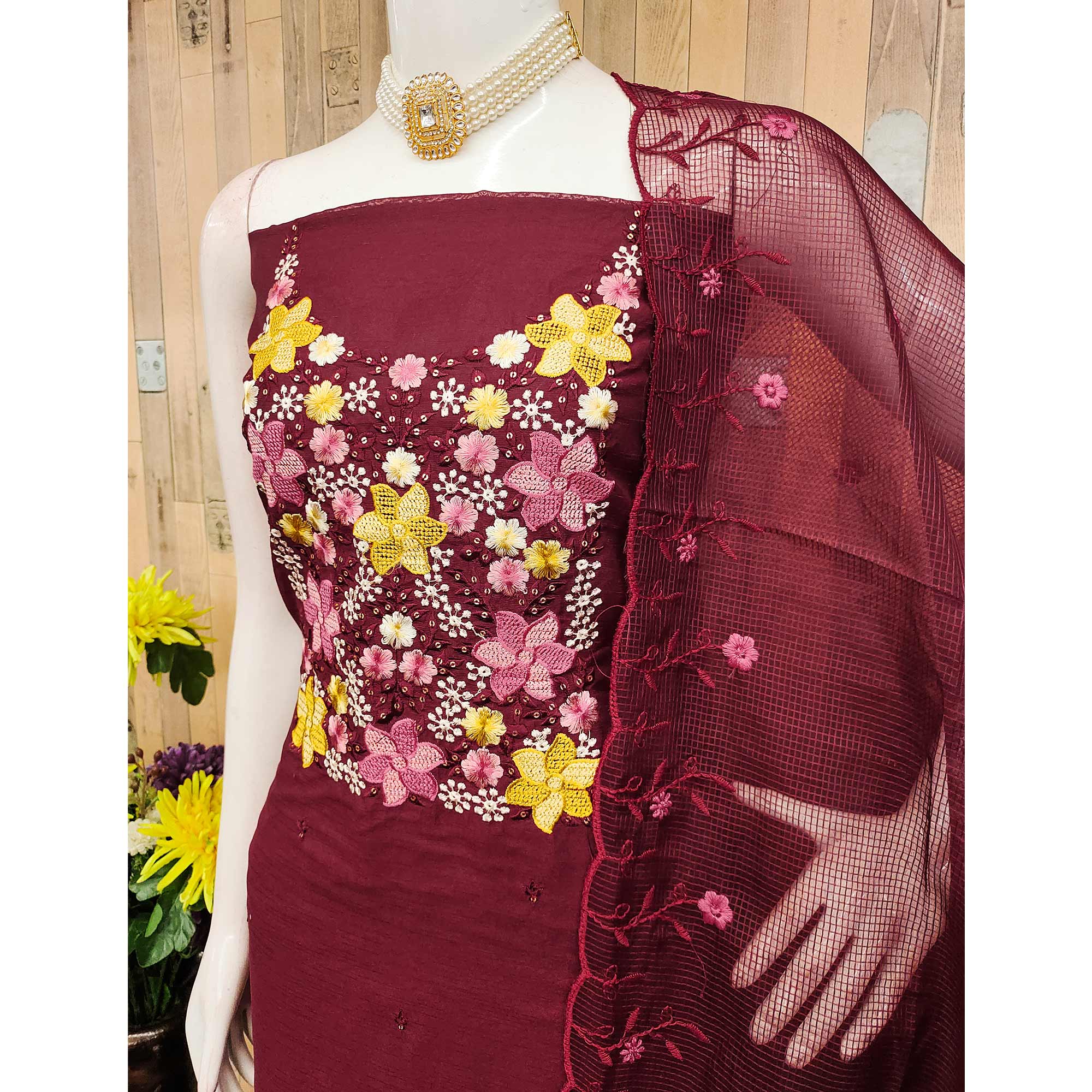 Maroon Cotton Blend Unstitched Dress Fabric Featuring Delicate Floral Embroidery