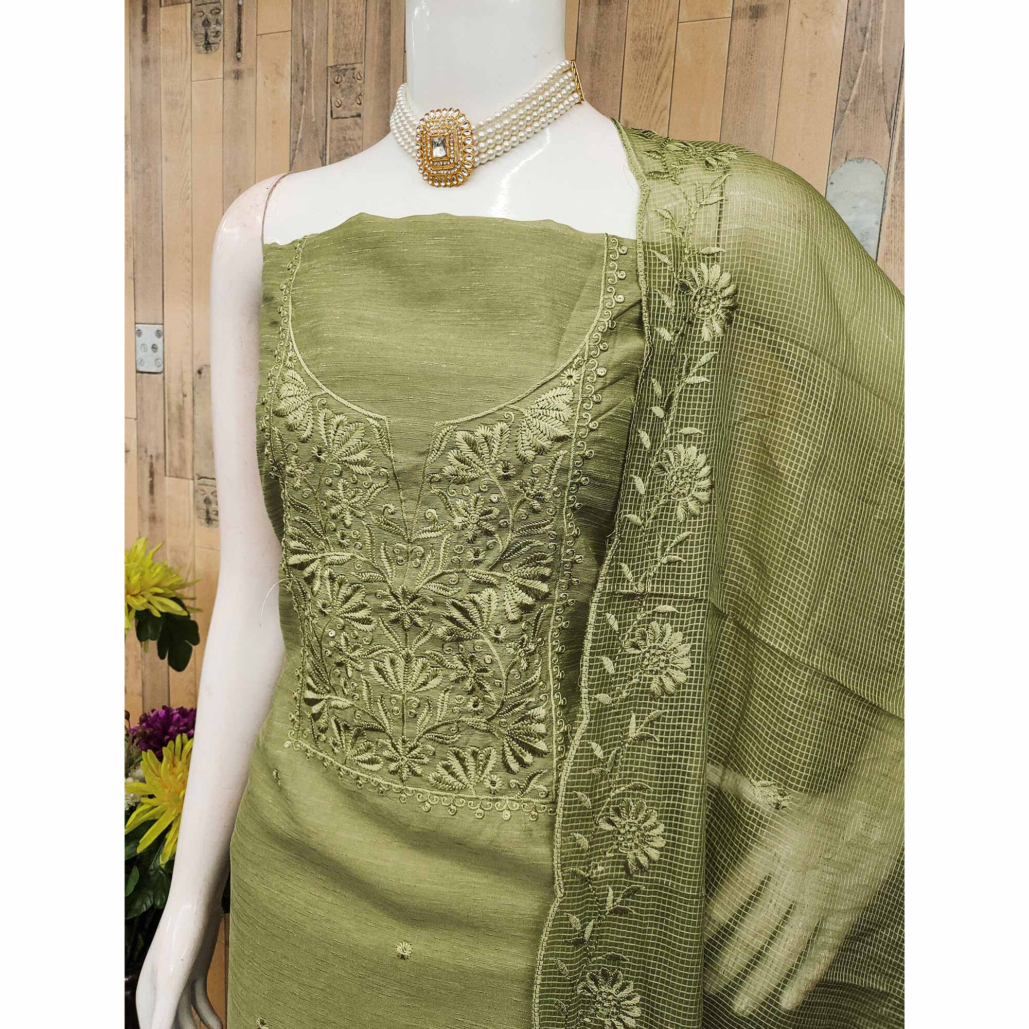 Festive Wear Green Floral Embroidered Unstitched Cotton Blend Dress Material