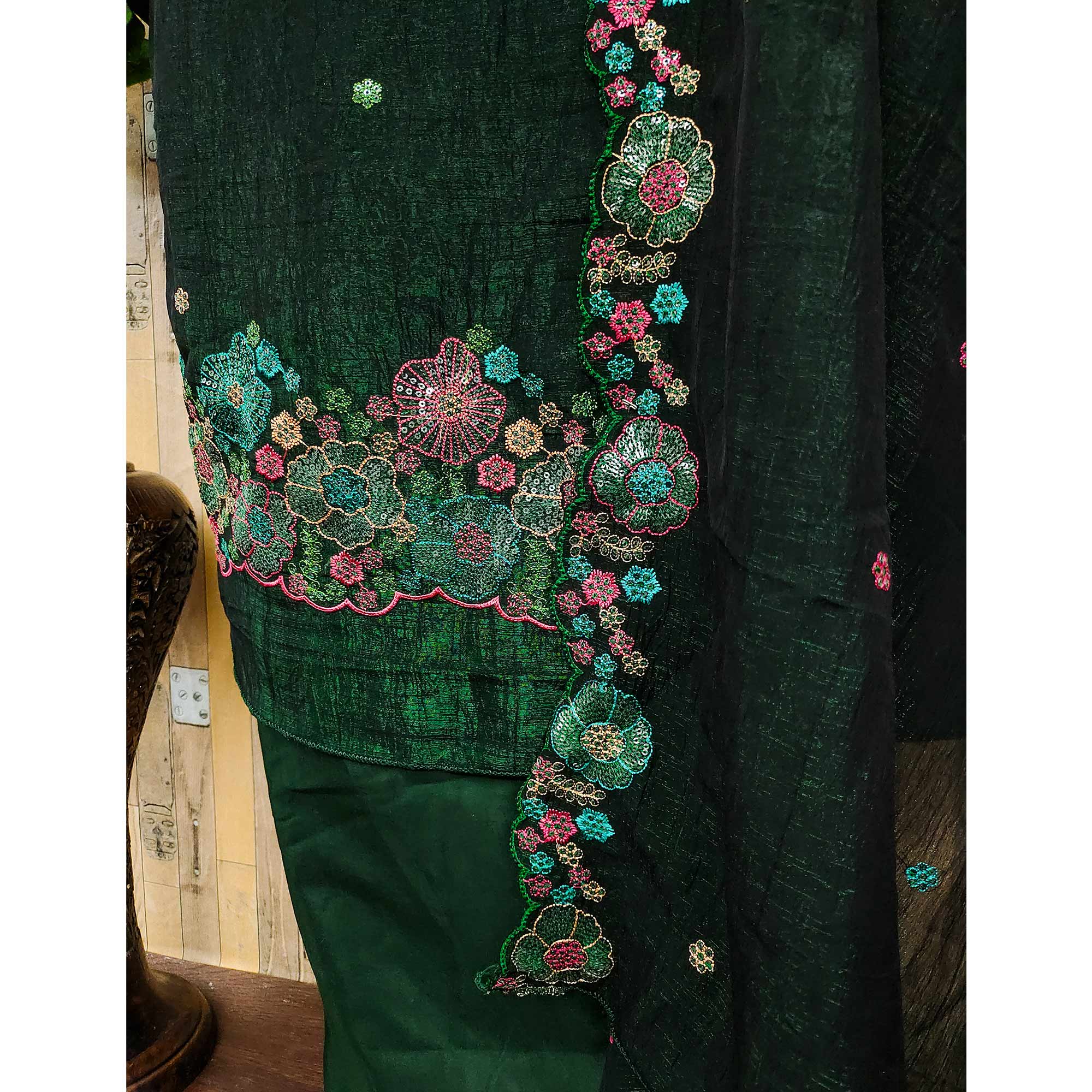 Festive Unstitched Green Cotton Blend Dress Material with Floral Embroidery