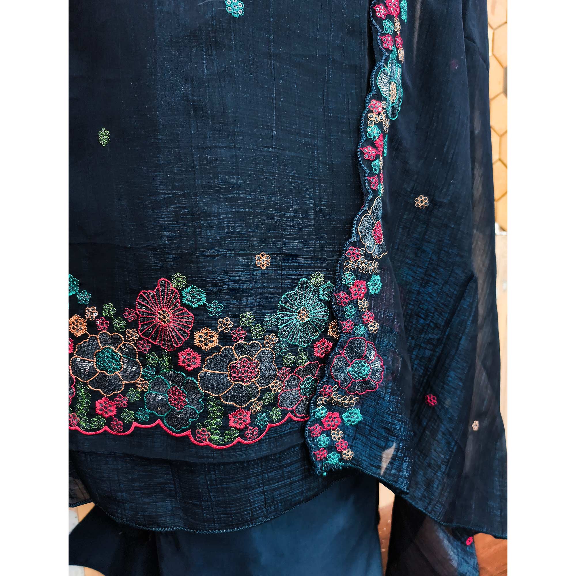 Festive Unstitched Morpich Blue Cotton Blend Dress Material with Floral Embroidery