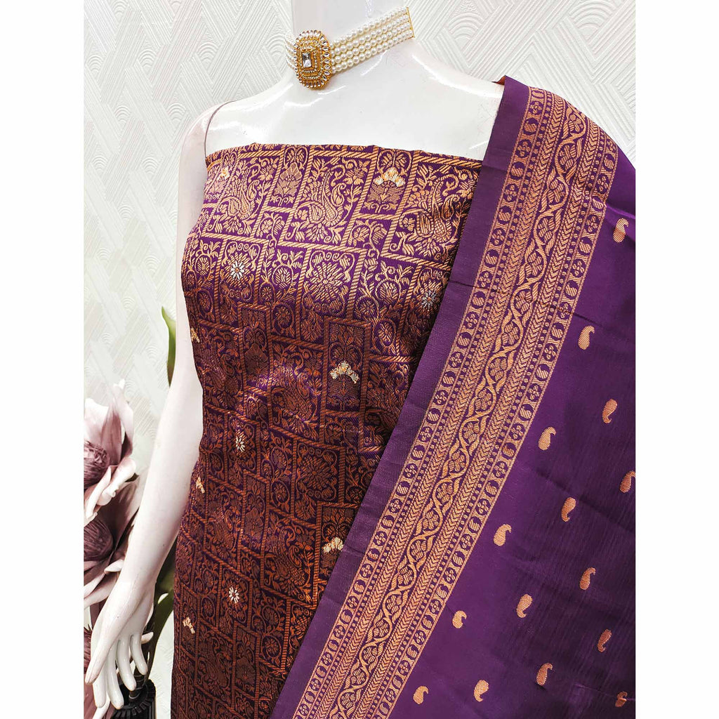 Dark Purple Banarasi Silk Dress Material With Heavy Zari Weaving