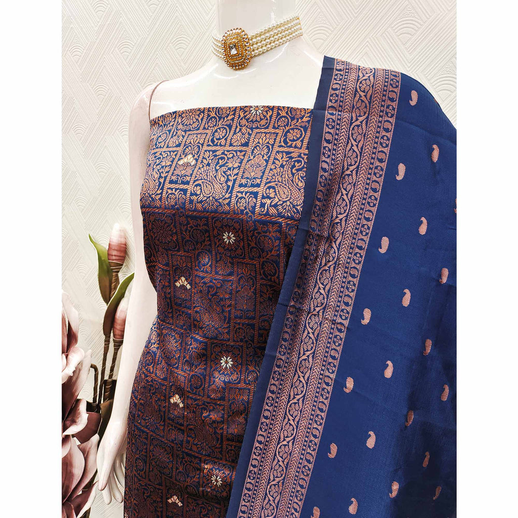 Navy Blue Banarasi Silk Dress Material with Heavy Zari Weaving