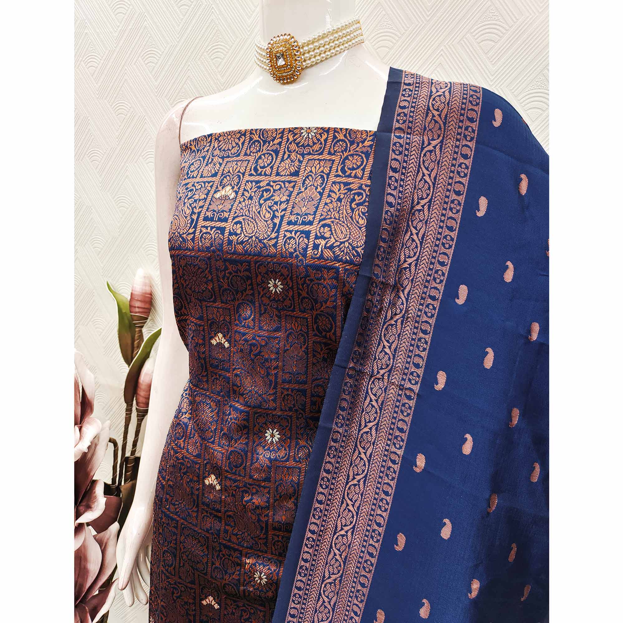 Navy Blue Banarasi Silk Dress Material with Heavy Zari Weaving