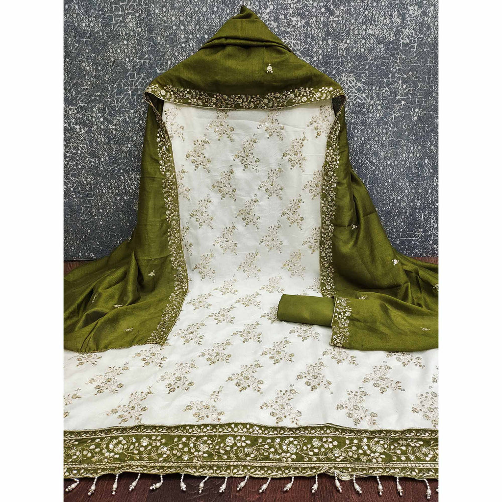 Green and Off White Vichitra Silk Fabric with Embroidered Detailing