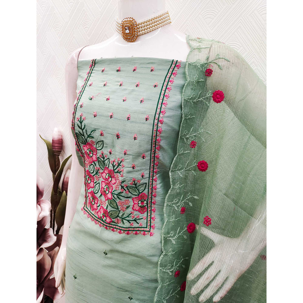 Green Cotton Blend Dress Material Featuring Delicate Floral Embroidery & Sequins Work