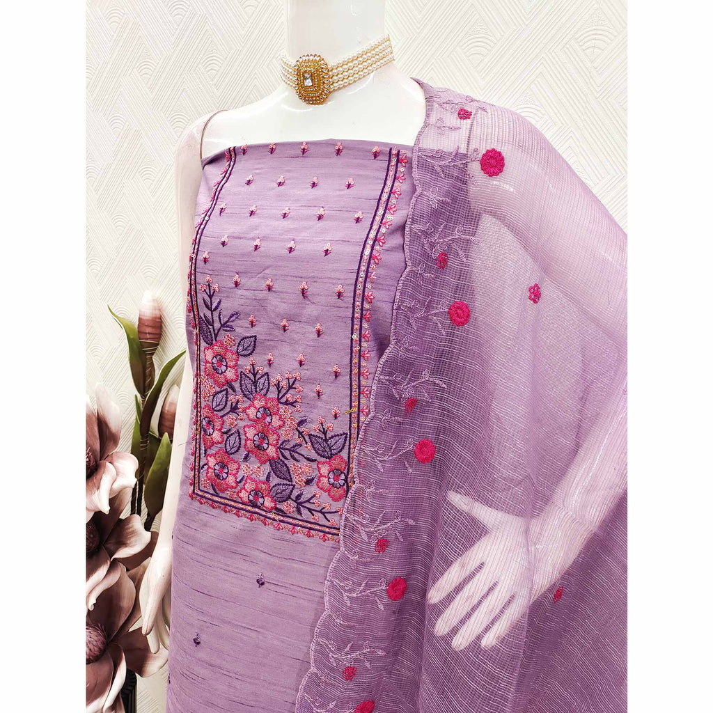 Lavender Cotton Blend Dress Material Featuring Delicate Floral Embroidery & Sequins Work