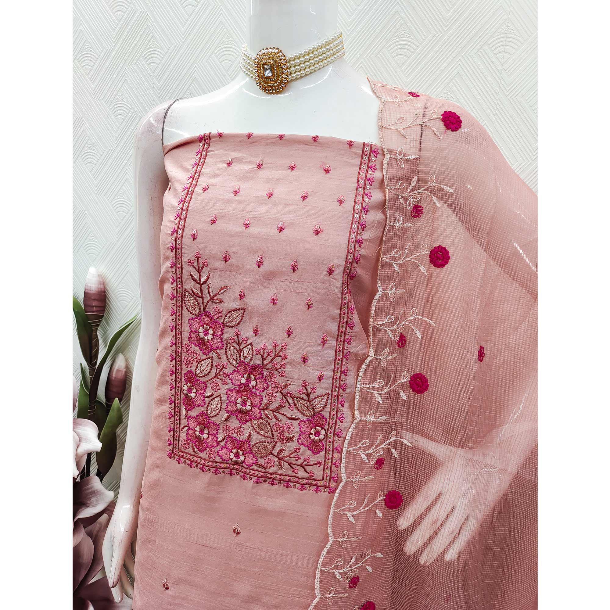 Peach Cotton Blend Dress Material Featuring Delicate Floral Embroidery & Sequins Work