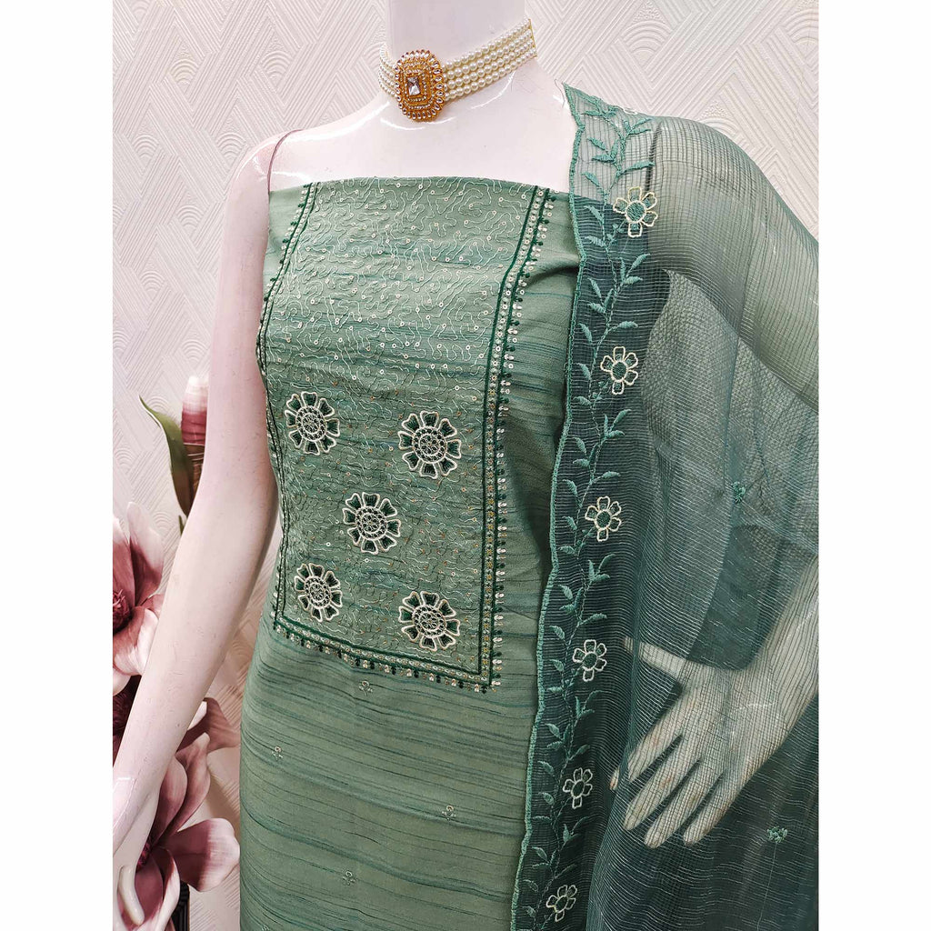 Green Elegance In Cotton Blend Dress Material With Floral Thread & Sequin Work