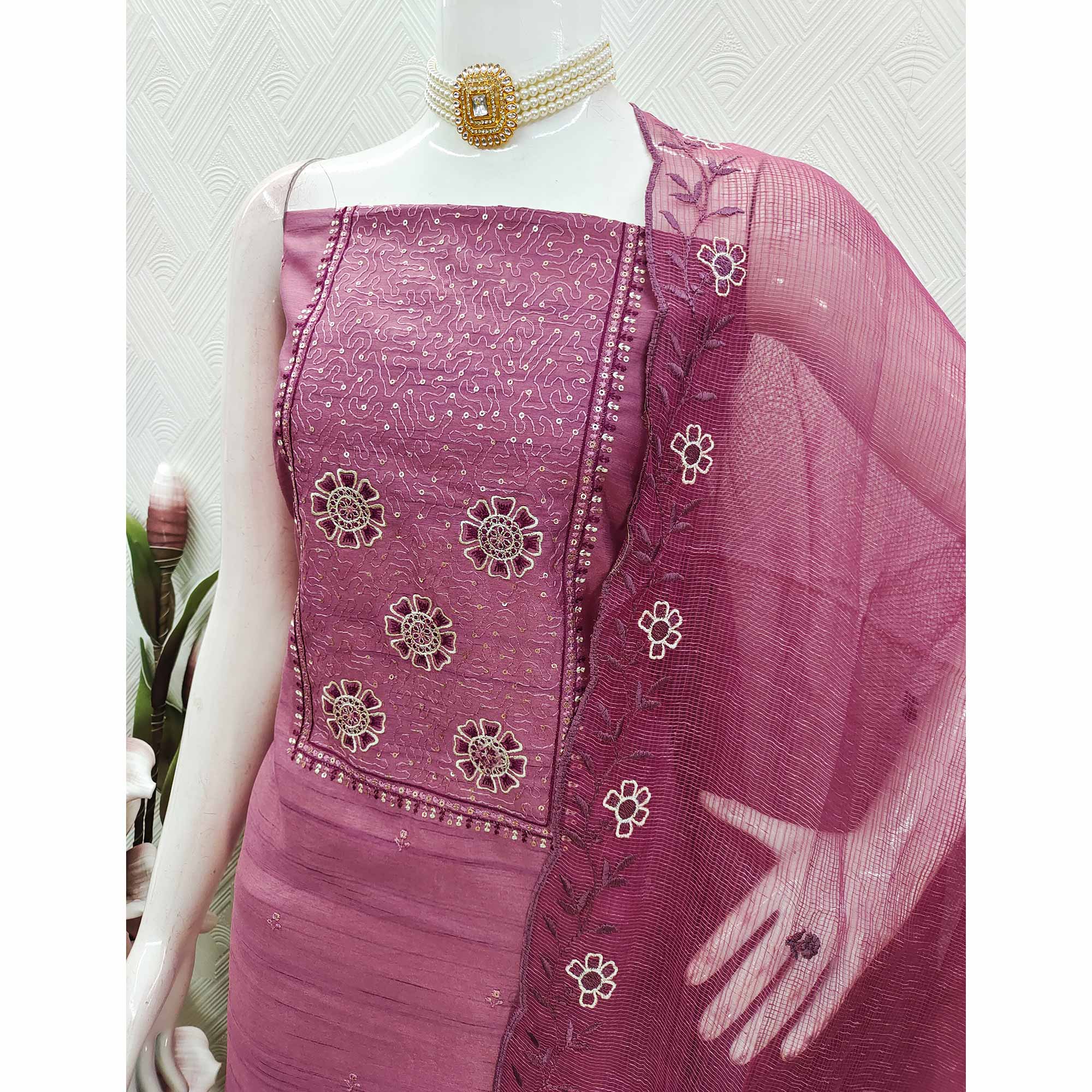Pink Elegance In Cotton Blend Dress Material With Floral Thread & Sequin Work
