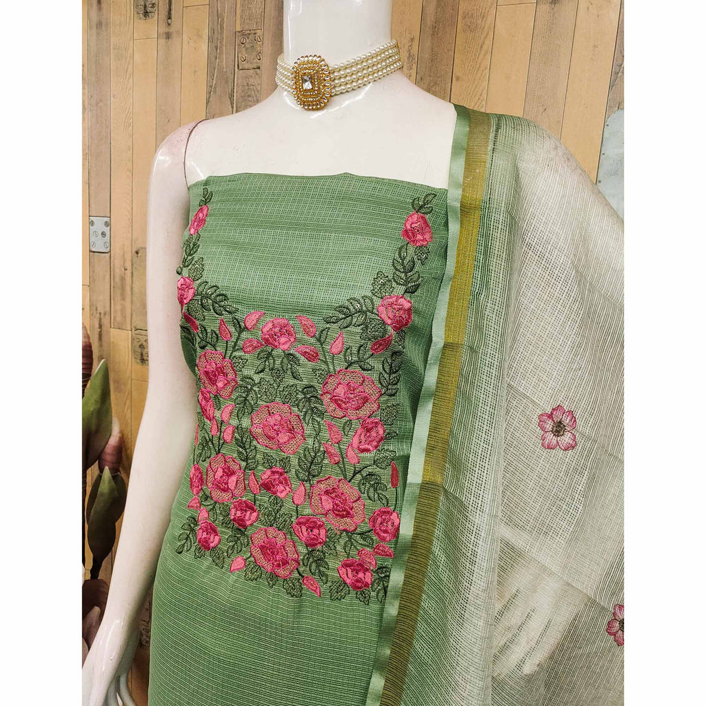 Green Kota Doria Dress Material Adorned With Delicate Floral Sequins Embroidery Work