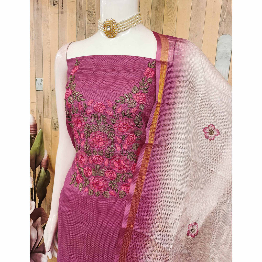 Magenta  Kota Doria Dress Material Adorned With Delicate Floral Sequins Embroidery Work