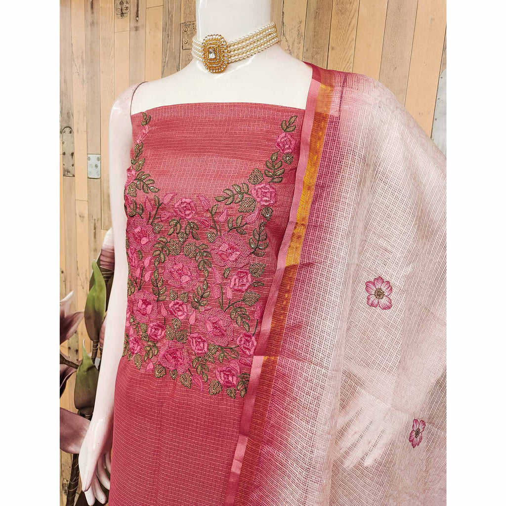 Pink Kota Doria Dress Material Adorned With Delicate Floral Sequins Embroidery Work
