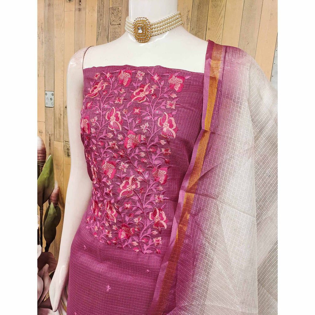 Magenta  Kota Doria Dress Material With Intricate Floral Motifs & Sparkling Sequins Embroidery