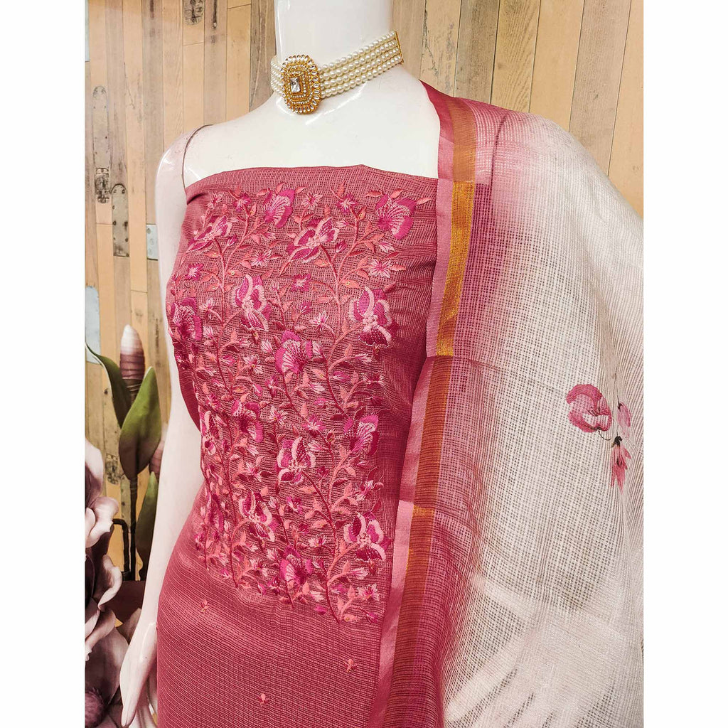 Pink Kota Doria Dress Material With Intricate Floral Motifs & Sparkling Sequins Embroidery