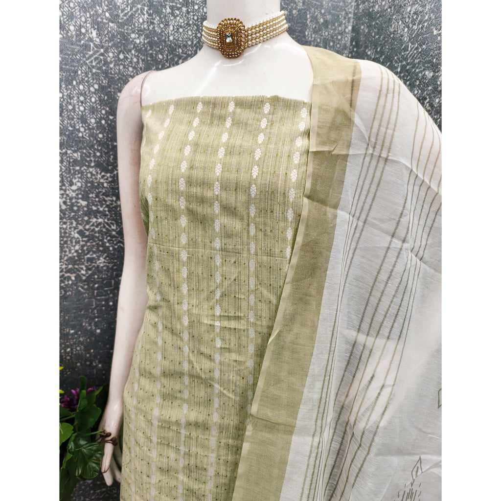 Classic Green Pure Cotton Dress Material Featuring Intricate Weaving