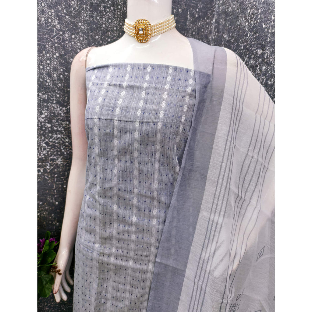 Classic Sky Blue Pure Cotton Dress Material Featuring Intricate Weaving
