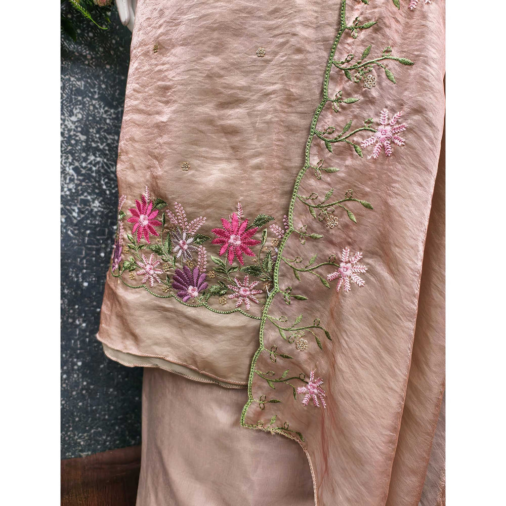Designer Beige Satin Silk Dress Material with Fine Floral Embroidery